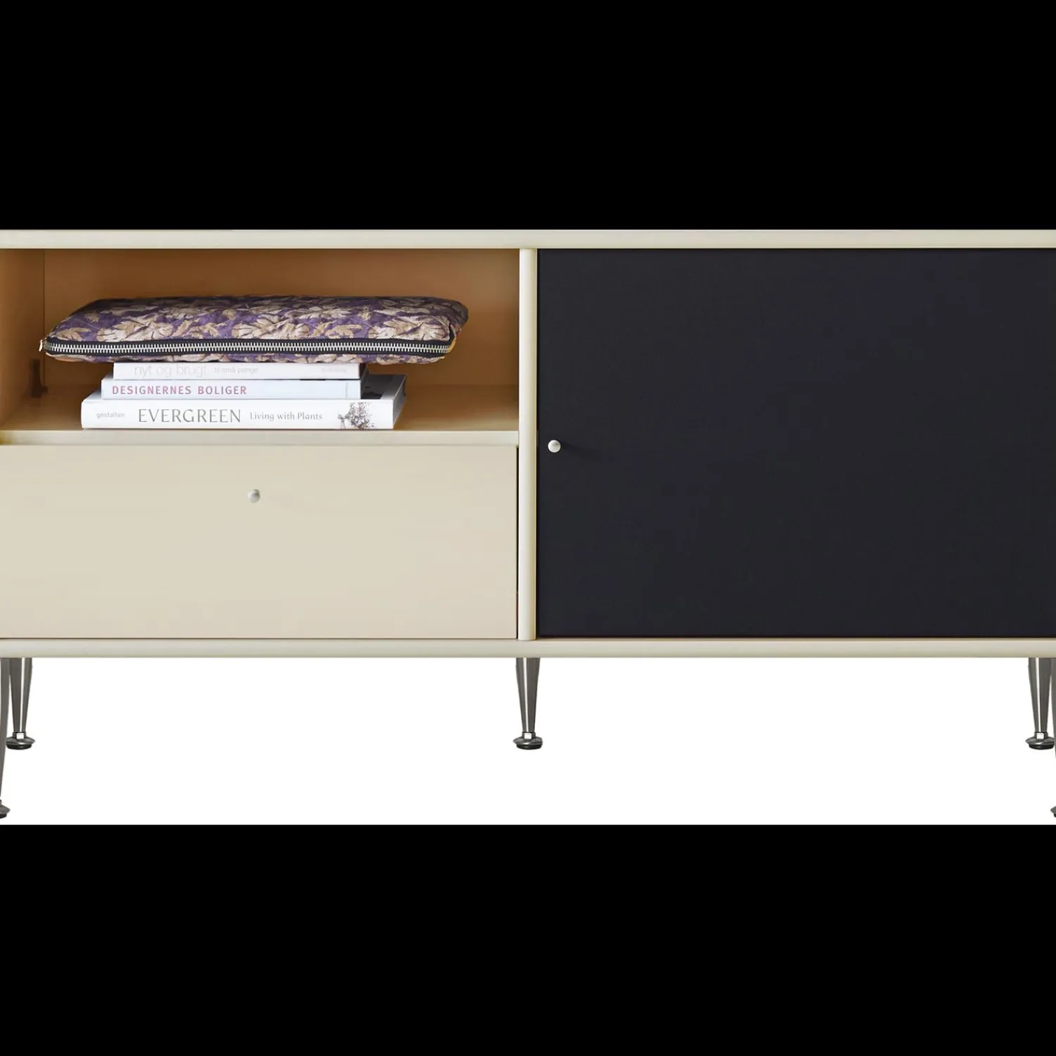 Discount ILVA Mistral AV TV møbel m. 1 skuffe og 2 hylder beige + 1 låge sort + ben i børstet stål