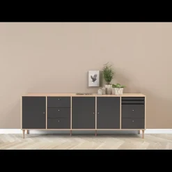 Clearance ILVA Mistral Classic Skænk med 1 klap, 3 låger, 4 skuffer + bakker eg/mørkegrå